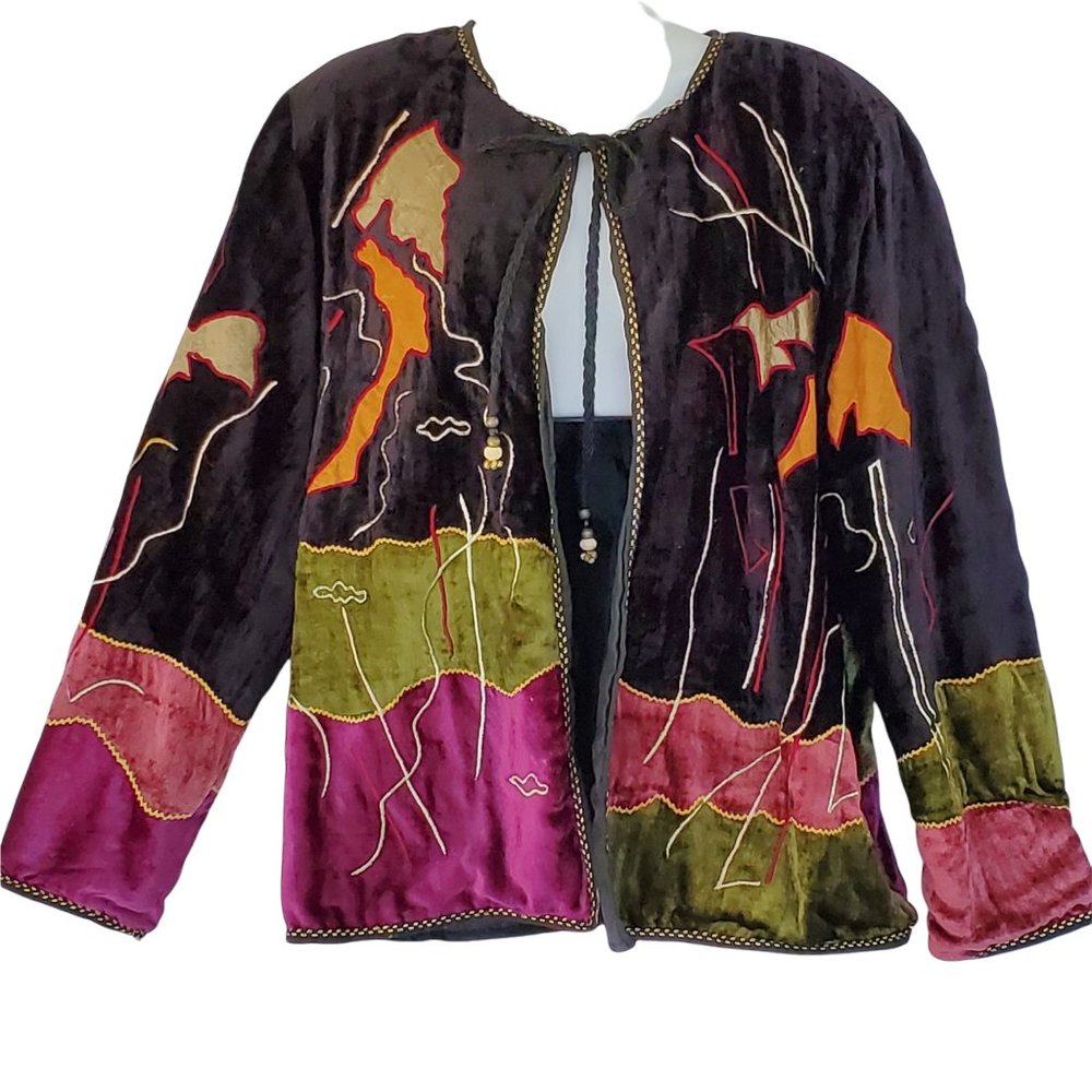 Vintage Allure Open Jacket Women's Large Wearable Art Rayon Lined Shoulder Pads